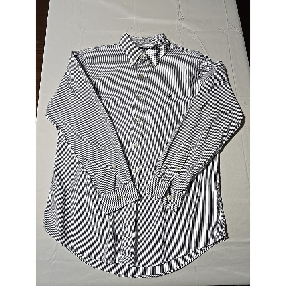Ralph Lauren Mens Medium 15 1/2 blue Stripe Button Down‎ Long Sleeve Shirt